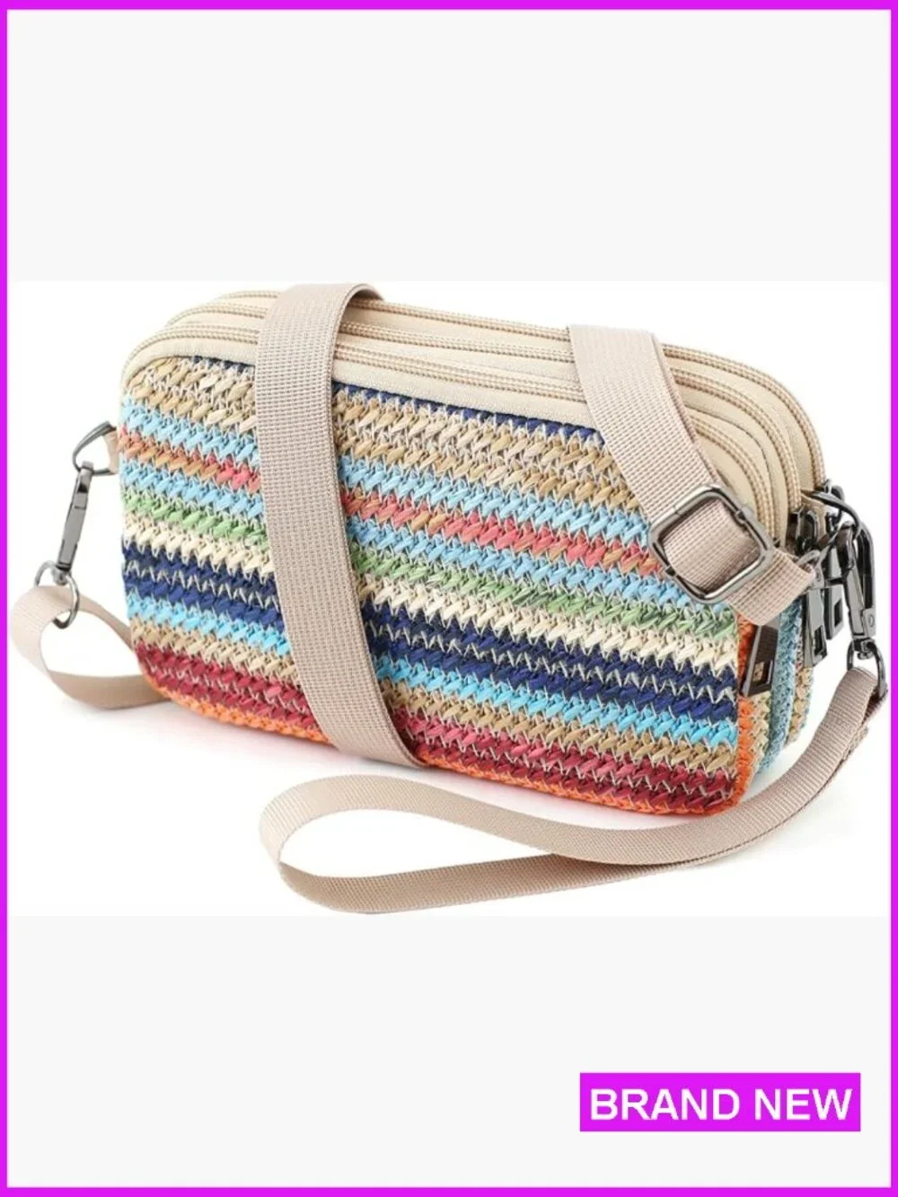Small 3-Zip Wristlet Crossbody Phone Purse Lightweight Straw Texture